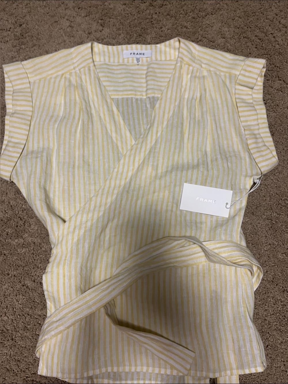 Frame Denim Yellow & White Striped Linen-Blend Wrap Blouse